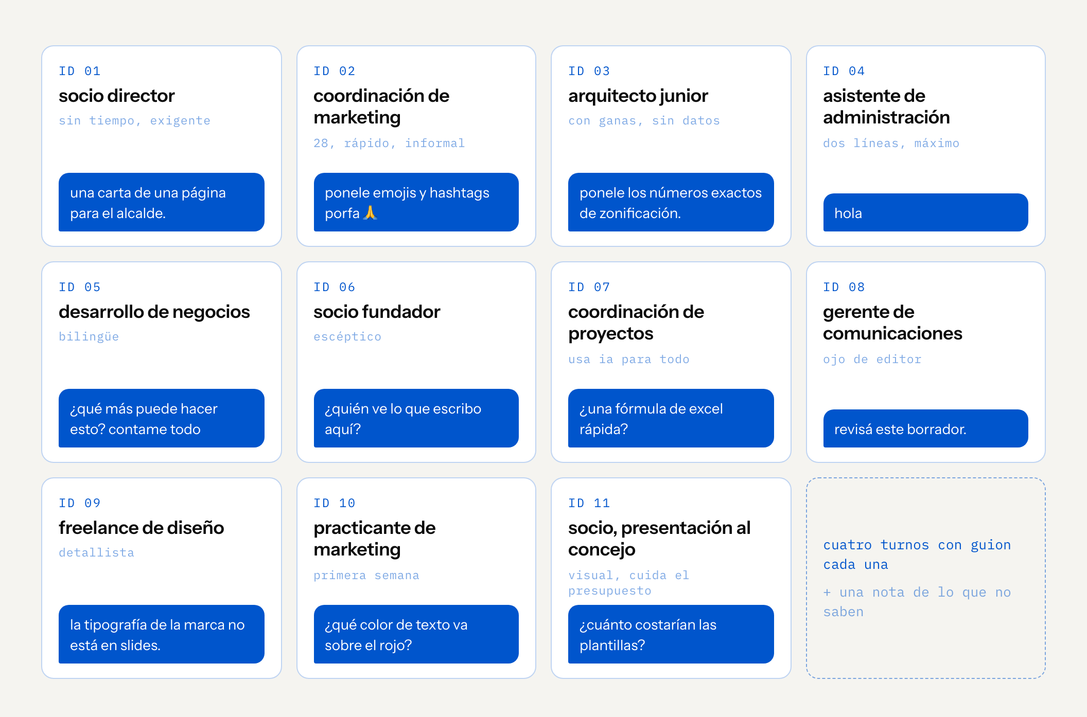 once credenciales de personas, cada una con su rol, su ánimo y su primera línea