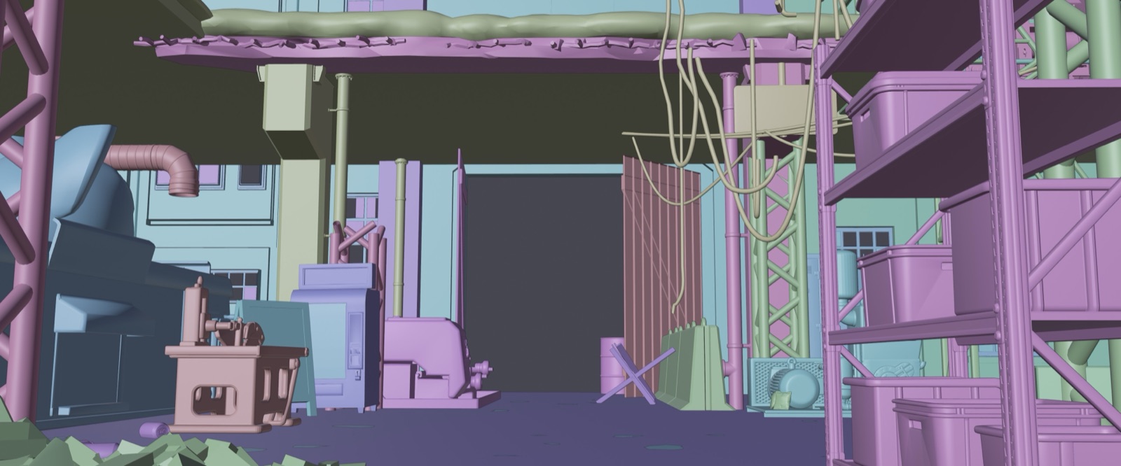the grey clay blocking — exact geometry and camera, no materials or light
