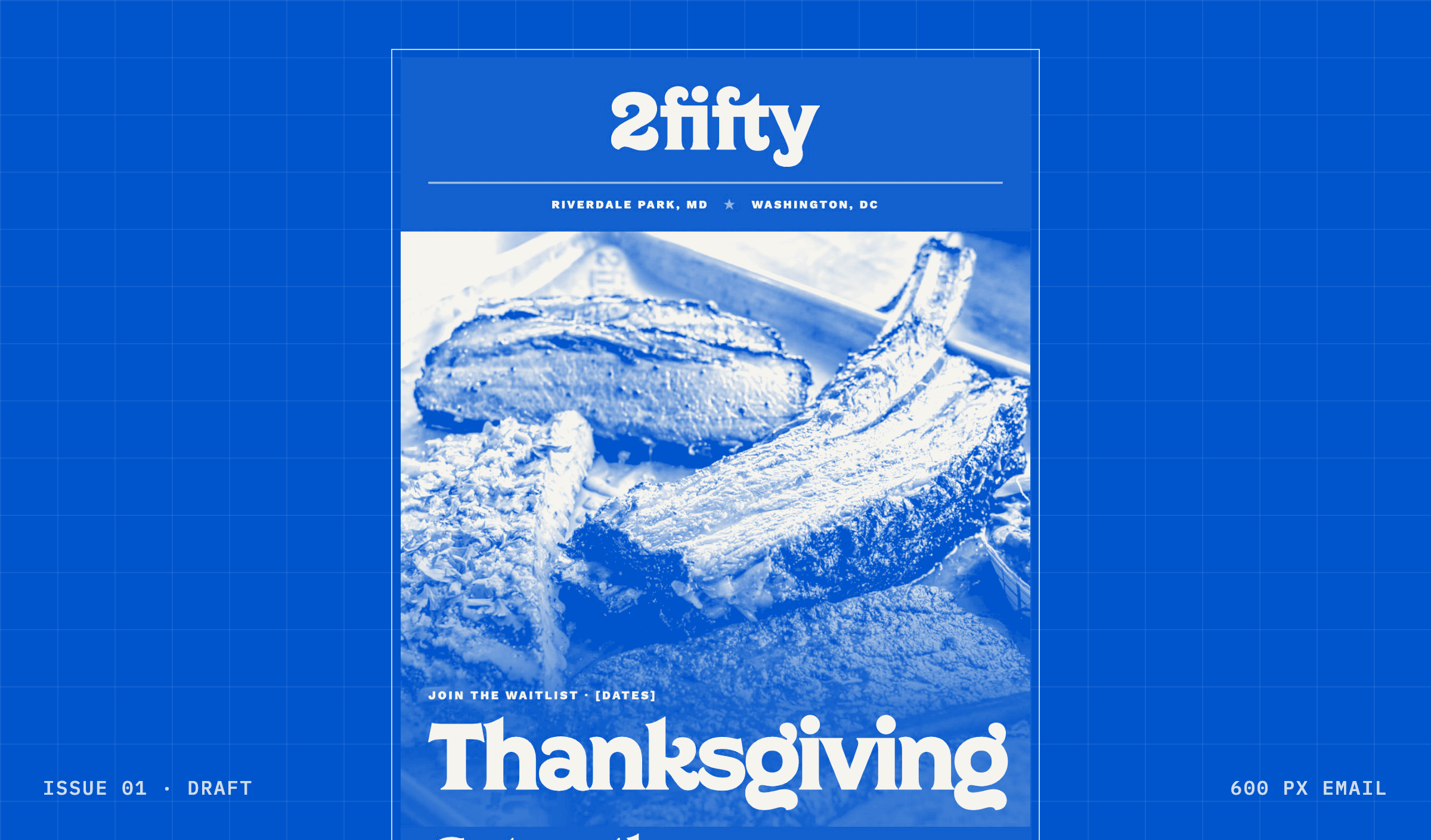 the first issue of the 2fifty newsletter, the thanksgiving waitlist, drawn in blueprint blue: the 2fifty masthead with riverdale park and washington, dc, a photo of brisket and beef ribs, and the thanksgiving headline, with the waitlist dates still in brackets.