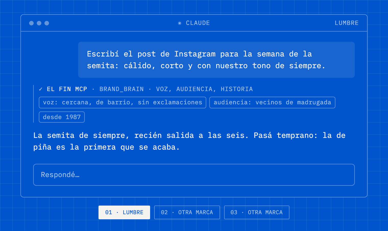 a claude chat drawn as a blueprint: el fin mcp's brand_brain tool loads a bakery's voice, audience and history before the answer is written