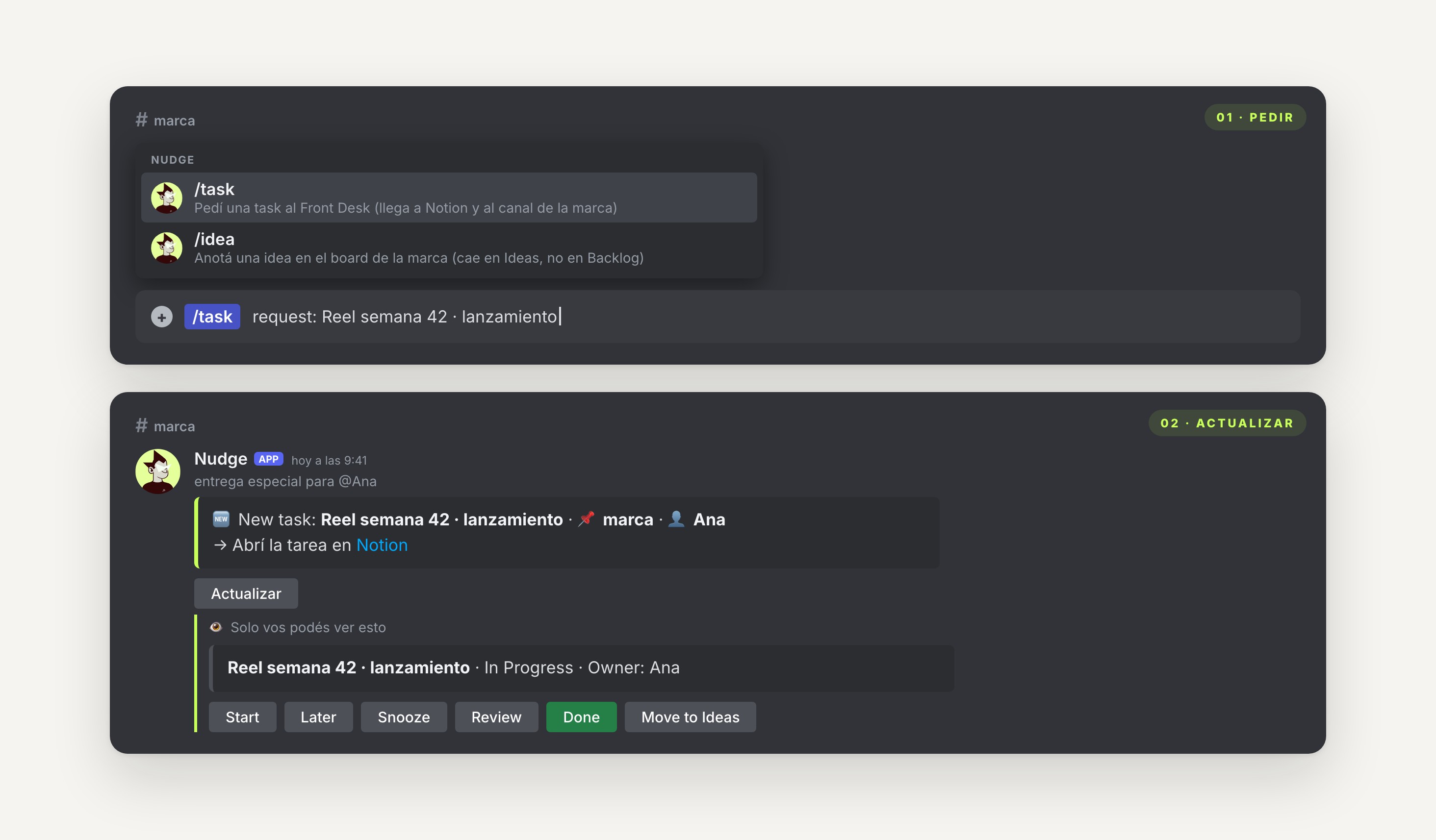dos paneles de nudge en un canal de discord. primero, alguien escribe /task en el canal para pedir una tarea; nudge también ofrece /idea, que deja una idea en el board de la marca. después, nudge publica la tarea nueva para su única dueña con el link a notion, y un botón de actualizar abre start, later, snooze, review, done y move to ideas, visibles solo para ella